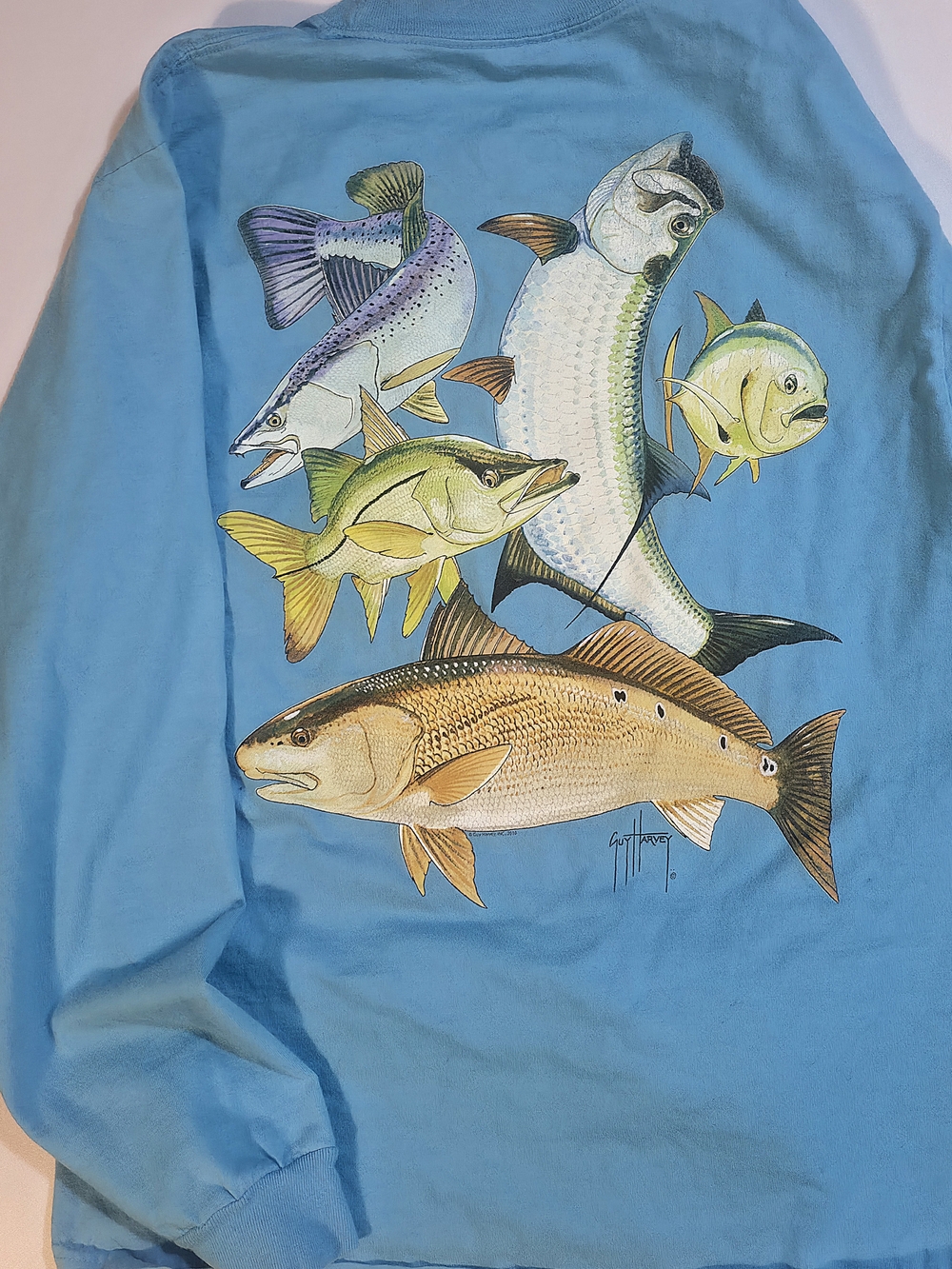Vintage Guy Harvey AFTCO Bluewater Inshore Fish Collage Long Sleeve Pocket M Tee